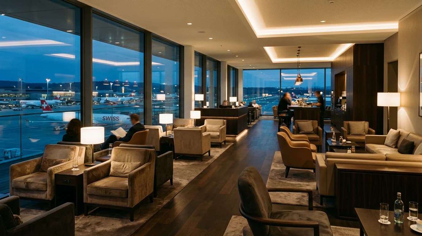 Premium-Lounge am Flughafen Zürich mit Blick auf das Vorfeld
